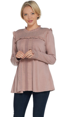 LOGO by Lori Cotton Modal Top with Swiss Dot Details Vintage Rose Small 