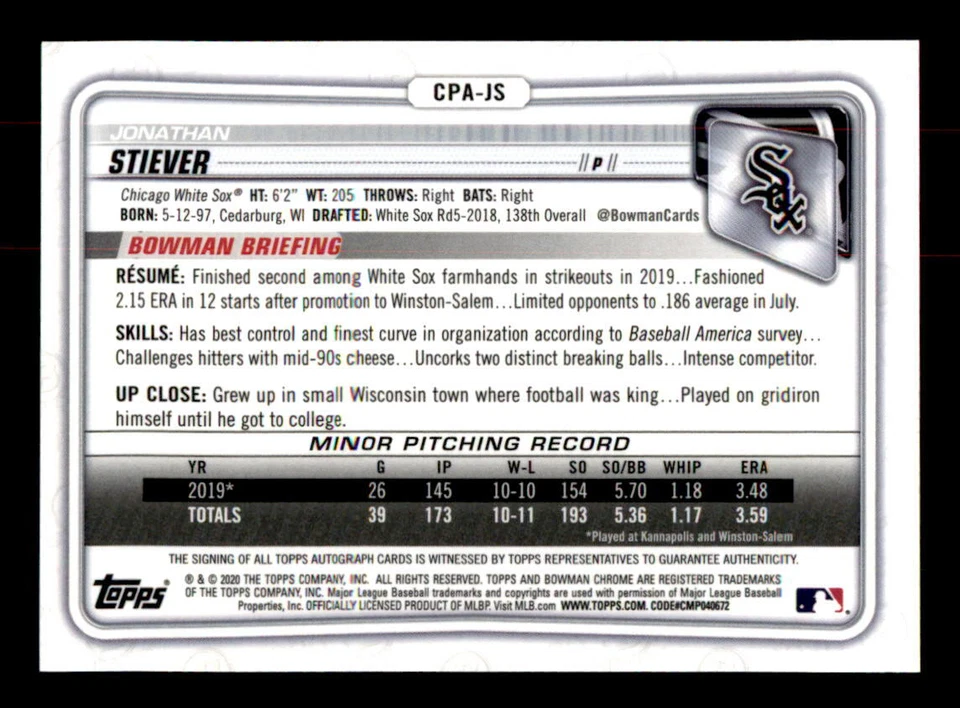 2020 Bowman Chrome #CPAJ Jonathan Stiever 1st Bowman Orioles Auto (ref 7685) - Image 2 of 2