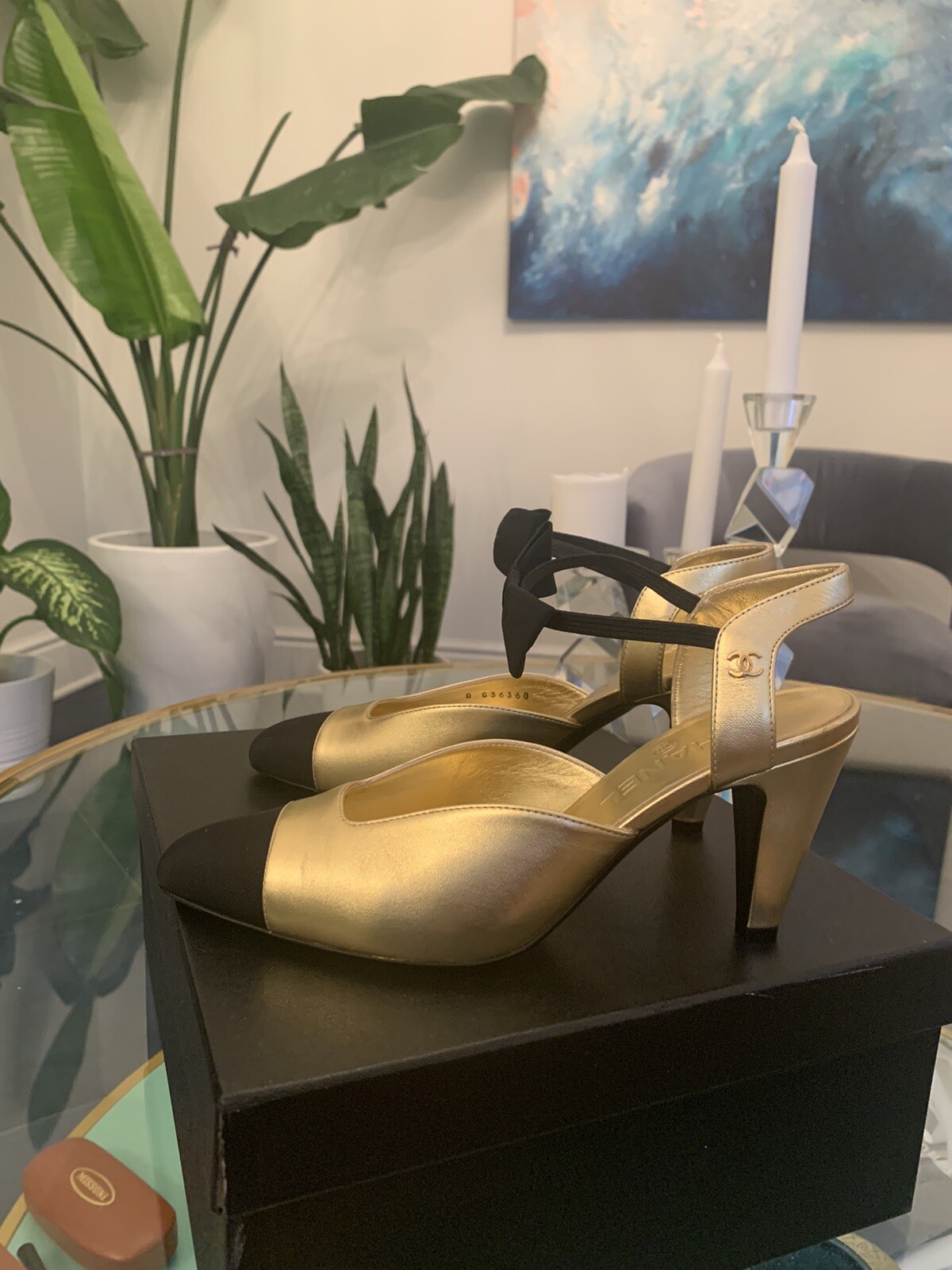 20A CHANEL LOGO Open Pumps Heels with Bow Black/Gold Size 38 New thumbnail 9