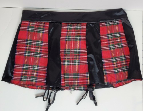 School girl fetish costume red black plaid garters strappy top Sz M very sexy - Picture 6 of 12