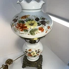 Vtg Hand-Painted Orange & Yellow Floral White Milk Glass Hurricane Parlor Lamp