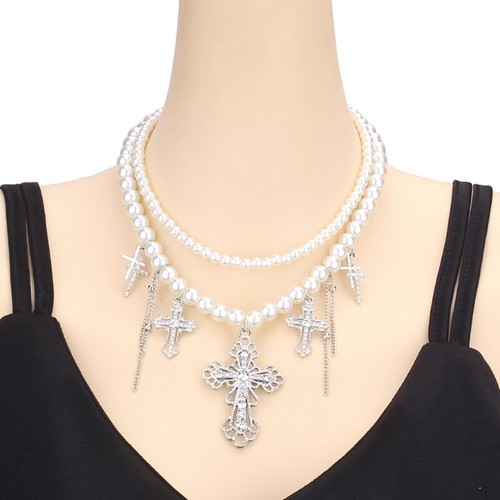 Unique Gothic Crosses Pendant Necklace with Imitation Beads Accessory for Women - Picture 5 of 8