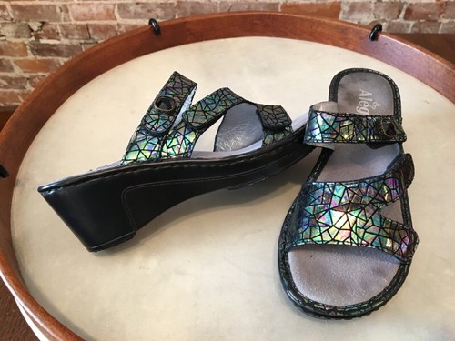 Alegria Loti Tectonic Metallic Crackle Leather Wedge Sandals 38 8 8.5 SALE - Picture 2 of 3
