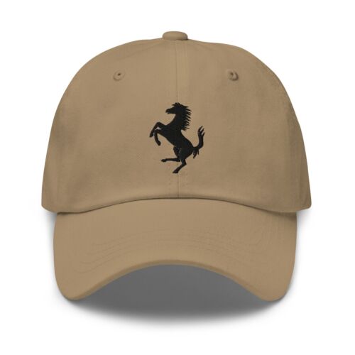 Ferrari Inspired Embroidered Horse Logo Tan Khaki Beige Black Dad Hat Cap - Picture 1 of 2