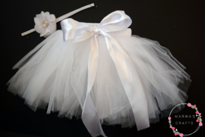 Newborn Baby Girl White Photo Prop Tutu Skirt with HeadBand 0-3Months MC