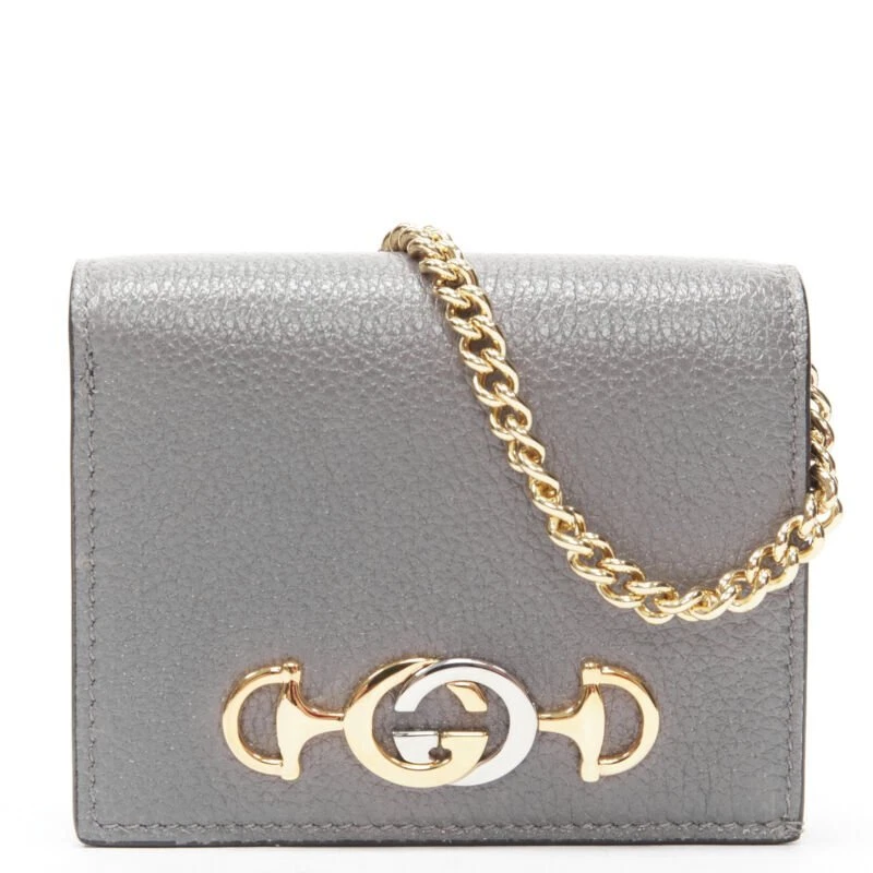 GUCCI 570660 Zumi cuir gris GG Horsebit portefeuille double pli sur chaîne mini sac