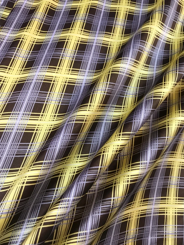 Check Plaid Yellow Brown Faux Silk Satin Fabric Material Shirts Scarf Wild Rags - Image 4 of 4