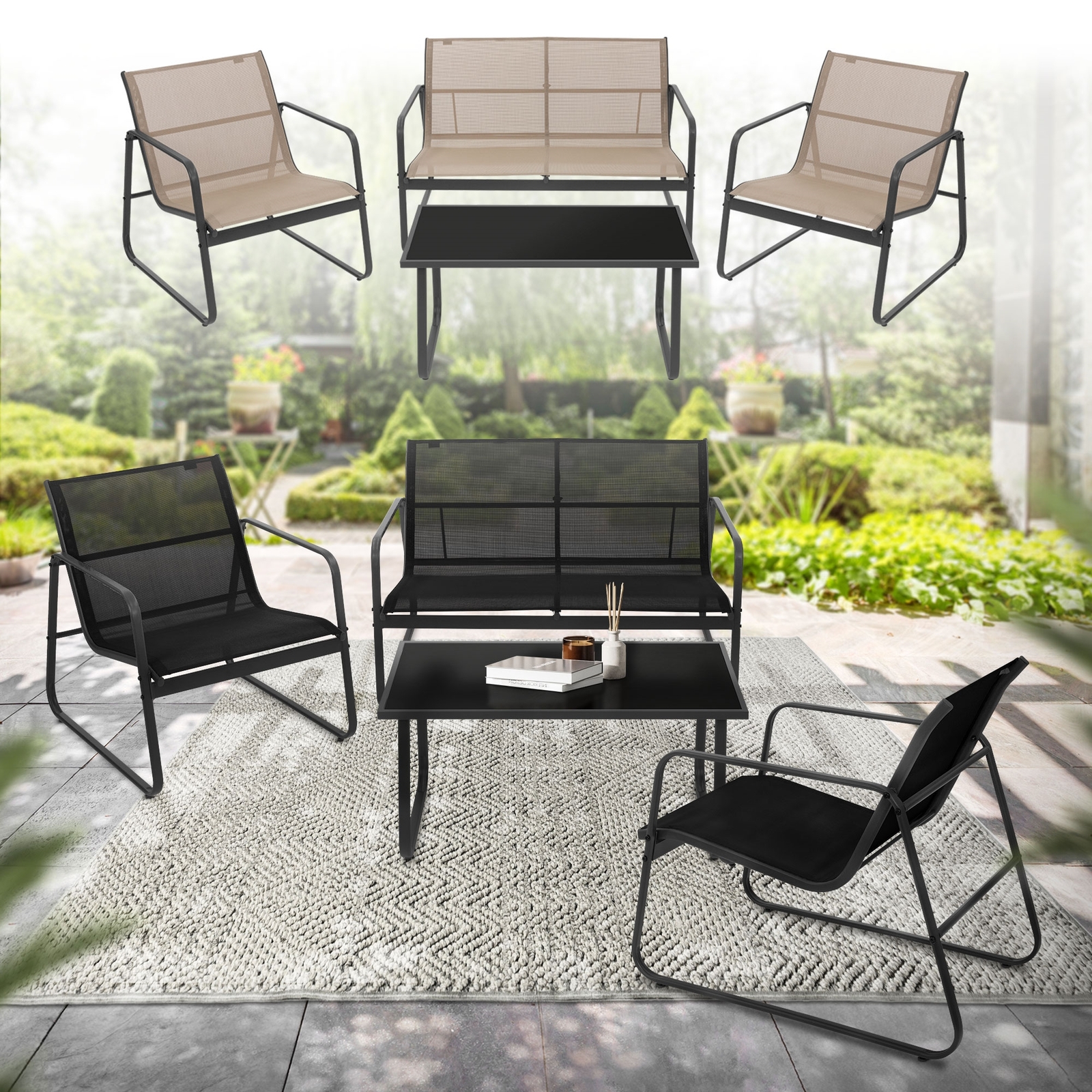 4 Piezas de mueble de jardín acero textilene sillones y mesa de cristal a elegir
