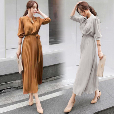 Korean Style Womnes Spring Fall Long Sleeve Button Chiffon Dress Pleated  Dresses | eBay