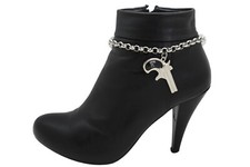 Women Silver Metal Chain Boot Bracelet Shoe Black Bad Gun Revolver Charm Western