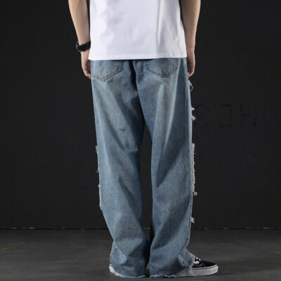 New Mens Denim Wide Leg Straight Pants Baggy Ripped Holes Jeans