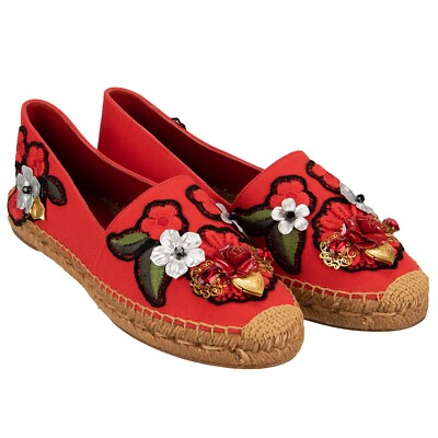 DOLCE & GABBANA Rose Kristall Herz Schuhe Loafer Espadrilles Rot Gold 12530