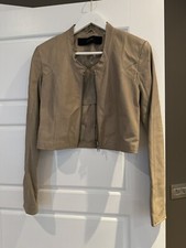 Veda Leather Cropped Jacket Taupe Elasticated Sleeve Medium