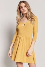 NWT FOREVER 21 Keyhole Scoop Neck Empire Waist Ribbed Fit & Flare Skater Dress S