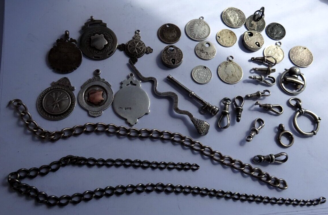 Lot 130g scrap antique solid silver pocket watch albert chains,fobs