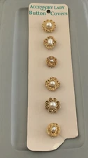 Vtg Accessory Lady Button Covers Gold Tone & Faux Pearl Pack of 6 Grannycore H21
