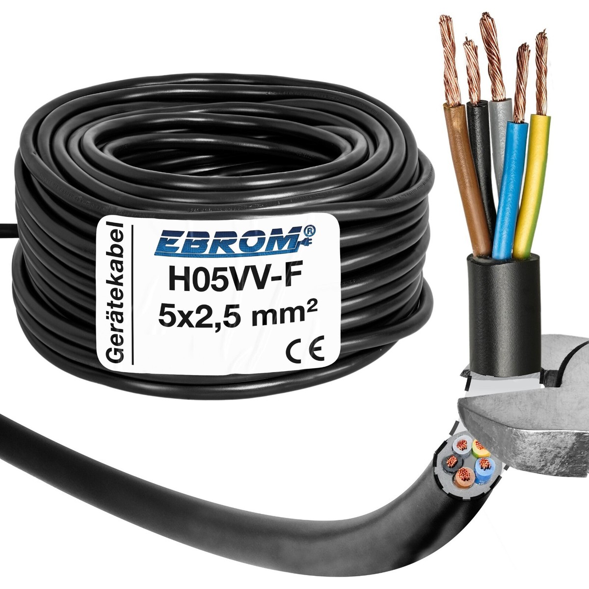 EBROM Herdanschlussleitung H05VV-F 5G2,5 – 5x2,5 Mm², 3 M, Weiß, Für Herde & Elektrogeräte