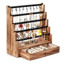 Earring Organizer 5 Layer Holder with Necklace Pole Rustic Wood Jewelry Stand