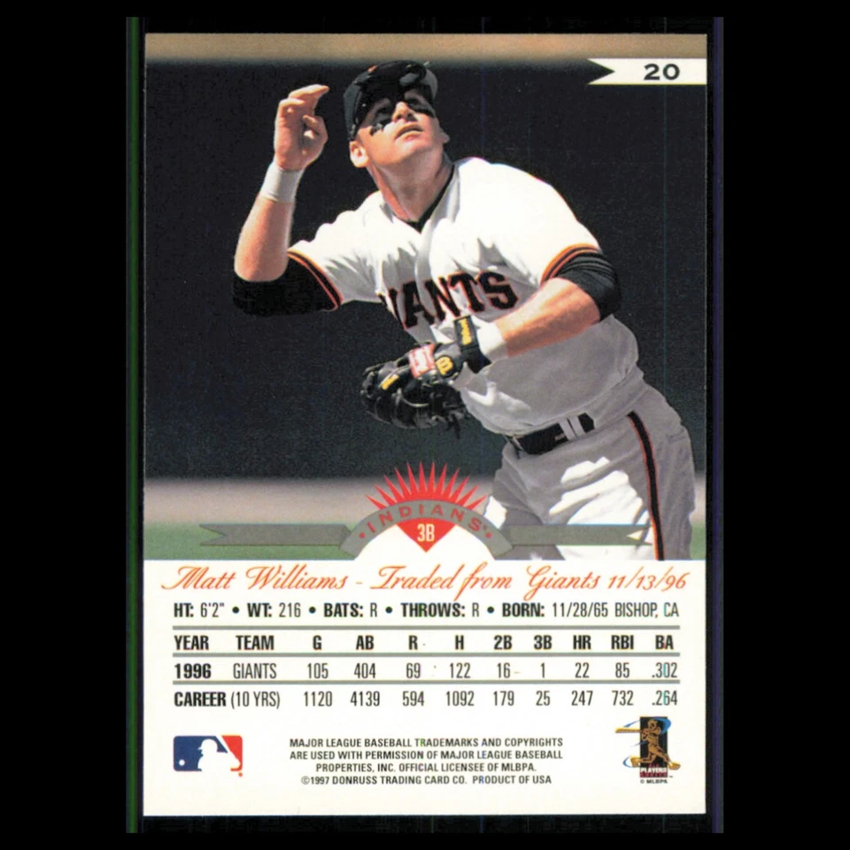 Matt Williams #20 1997 Leaf Cleveland Indians Baseball Card MLB NM - Image 2 of 3