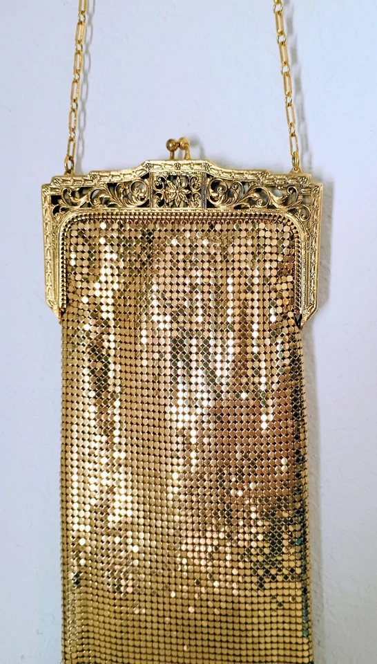 Bolsa longa vintage década de 1920 Whiting & Davis dourada malha de metal bolsa flapper menina - Imagem 3 de 4