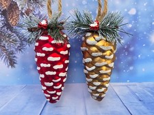 Set of 2 Blown Glass snow capped Pine Cone Christmas Ornaments 1 red 1 gold