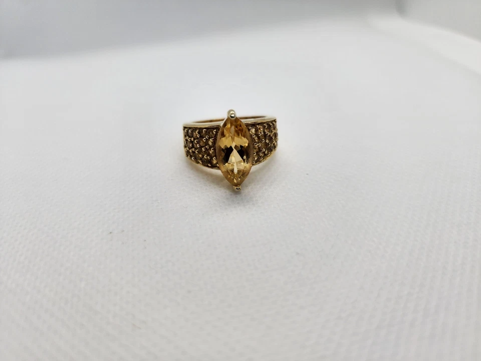 Anillo Marqués Citrino Piedras Laterales Vermeil Plata de Ley Declaración Amarillo Foto 2 de 4
