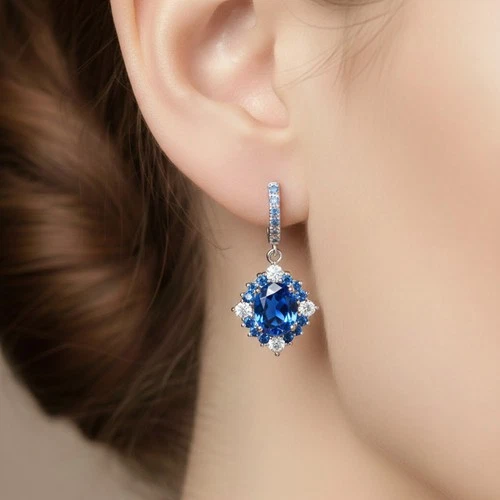 925 Sterling Silver White Gold Earrings Classically Royal Blue Sapphire 8.20Ct