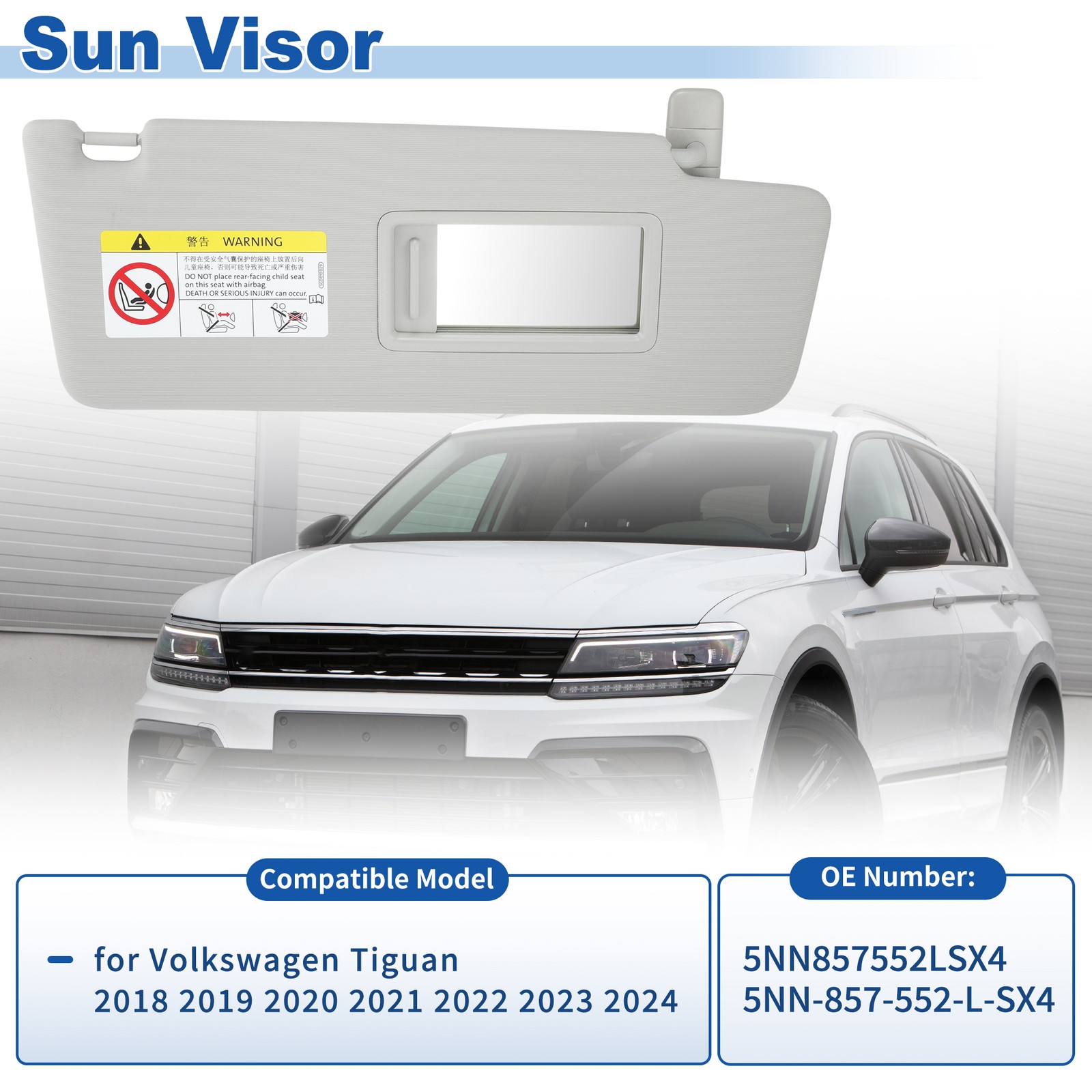 5NN-857-552-L-SX4 Right Passenger Side Sun Visor for Volkswagen Tiguan 2018-2024