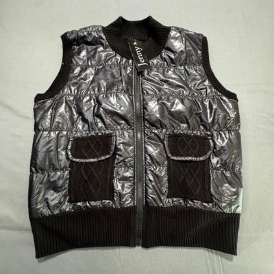 Jenny Women's Black Quilted Puffer Vest Ribbed Knit Collar Zip Front Pockets XL