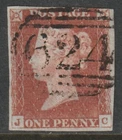 1841 1d RED BROWN LETTERS " J - C " UNPLATED ( MARK IN "N" OF ONE ) NICE USED.