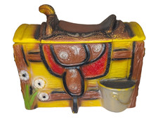 Vintage Kid's Cowboy Toy Box Chest Western Saddle Fence Yellow Large Blow Mold