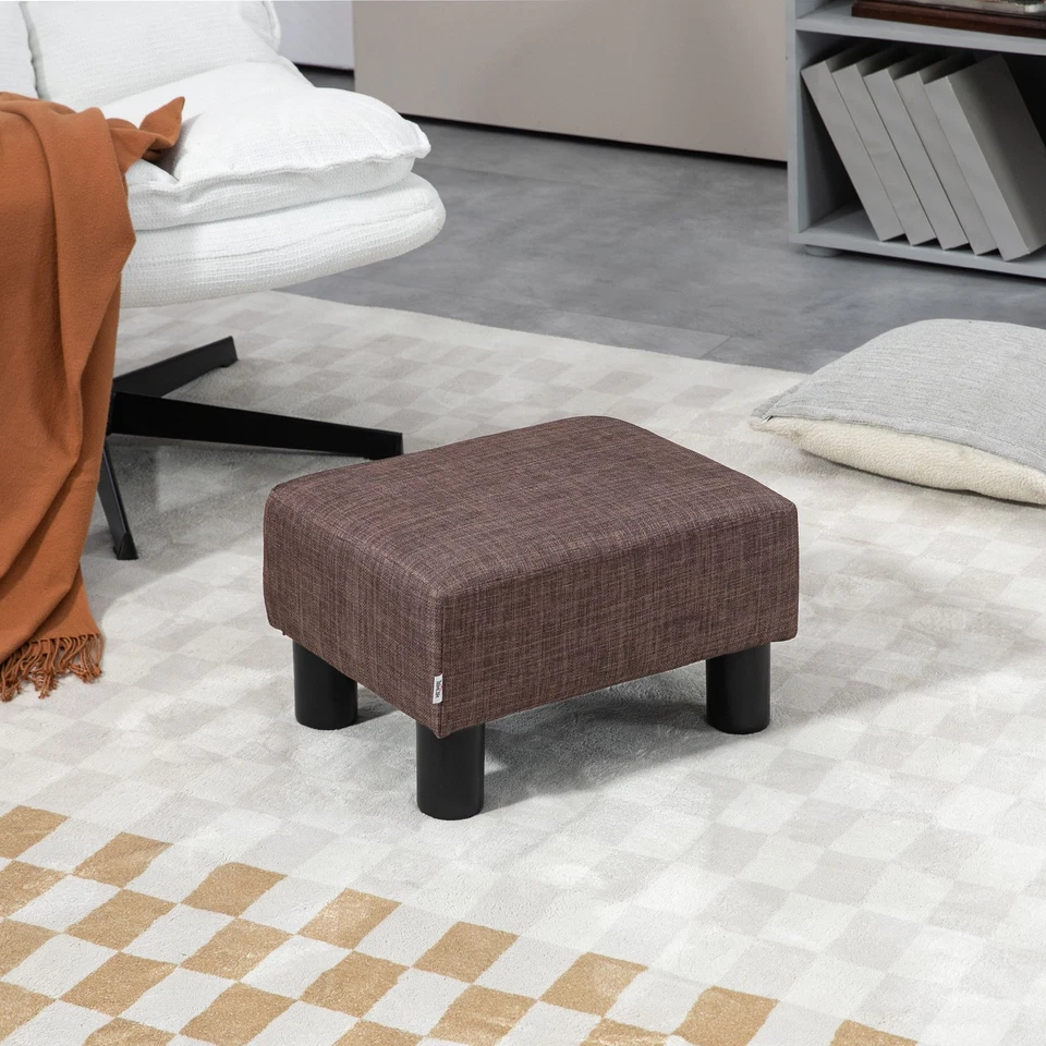 HOMCOM Chic Linen Fabric Footstool Ottoman Cube with 4 Plastic Legs Brown - Image 2 of 4