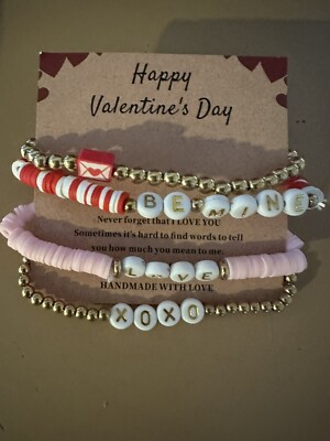 Valentines Bracelet set pink and red clay stretchy love, be mine and xoxo