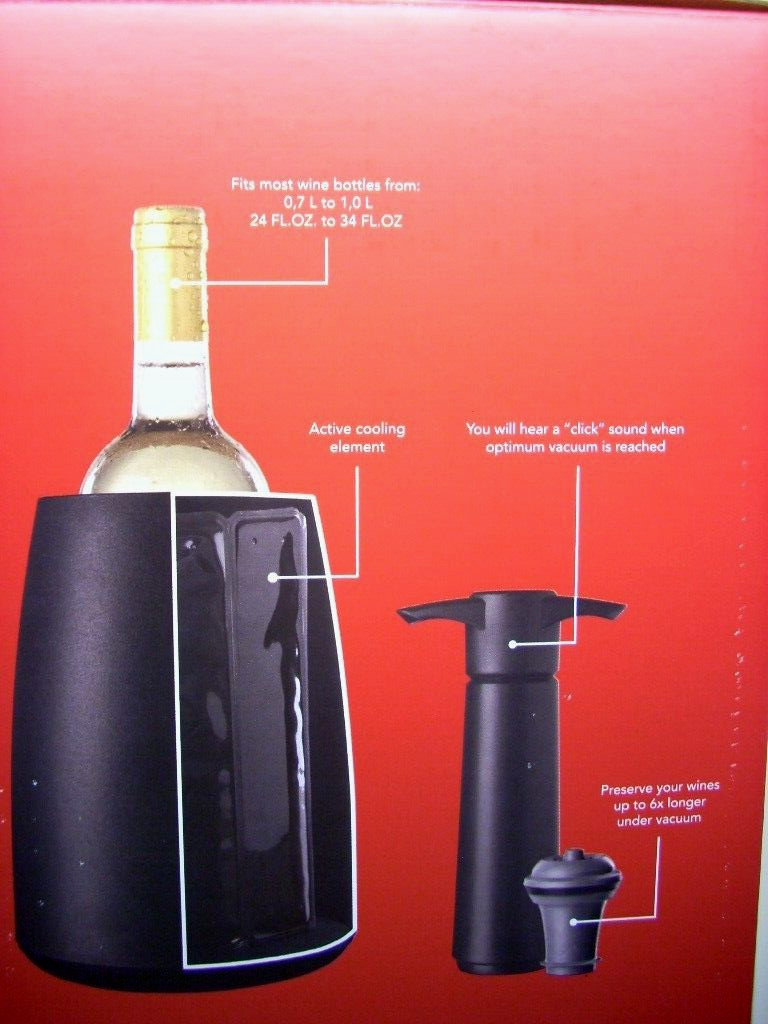 VACU VIN WINE SET ELEGANT 5 PIECE,COOLER SLEEVE, OPENER, VACUUM PUMP, STOPPERS