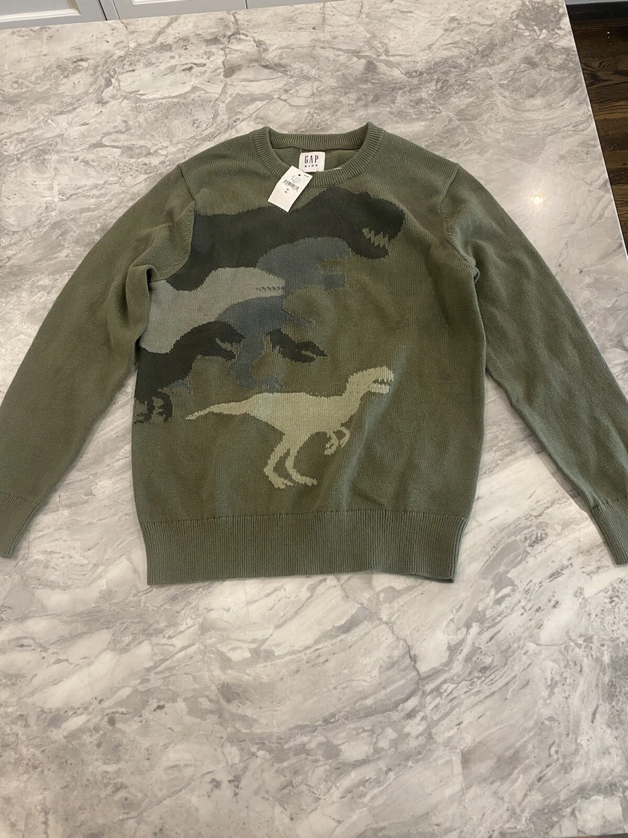 New With Tag Gap Boys 8 Long Sleeve Green Dinosaur Crew Neck Sweater Cotton Knit