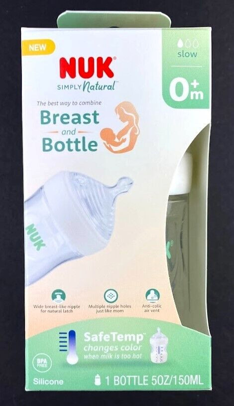 Nuk Simply Natural Breast and Bottle Slow Flow 0+m 5 Oz Safe Temp &bull; NEW