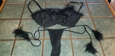Hustler womens black 36c underwire bra and large thong   new 