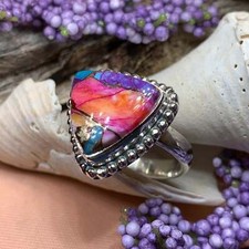 Ladies Statement Ring Boho Spiny Oyster Turquoise Large Wiccan Pagan Ring 925