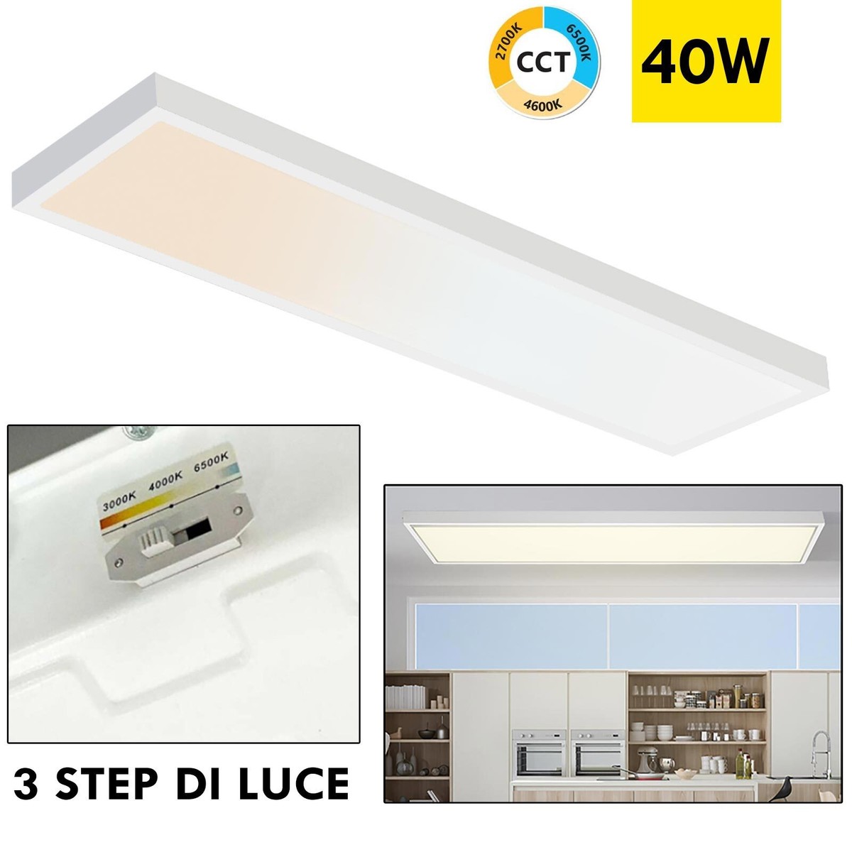 PANNELLO SMD LED SLIM RETTANGOLARE 120x30 40W 4880 LUMEN CCT 3000K-4000K- 6500K - Foto 8