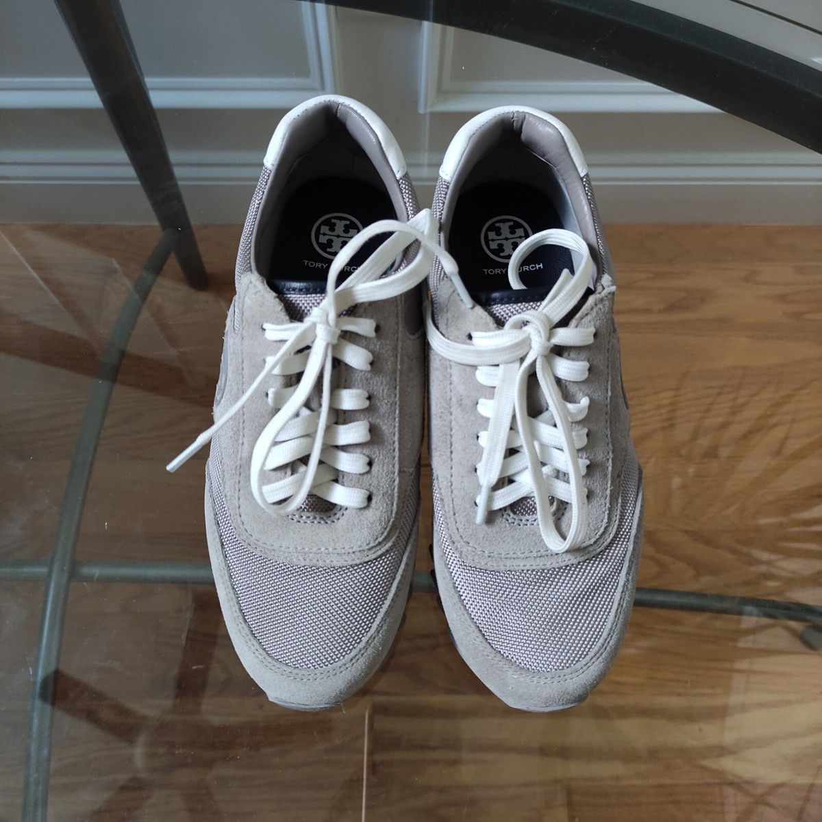 スニーカー Tory Burch Two-Tone Trainer Shoes With Suede Tory Burch Double T Trainer Shoes Suede Leather Nylon Brown