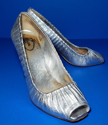 PRADA Silver Ruched Leather Slip On High Slim Heel Peep Toe Pumps Size  US