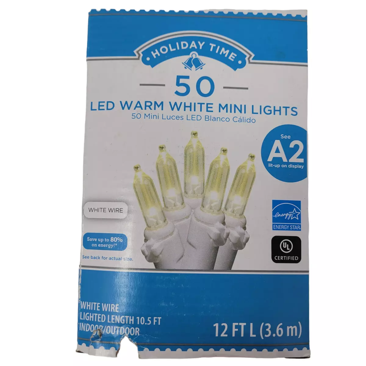Holiday Time 50 LED Warm White Mini Lights with White Wire 12 ft. Indoor Outdoor