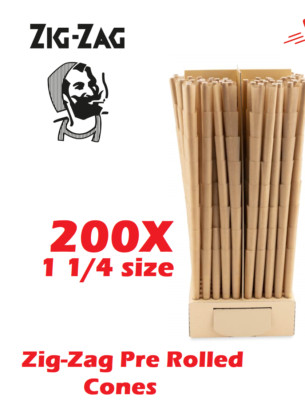 Zig-Zag 1 1/4 Size Unbleached Pre rolled Cone 200 Cones + Free Lighter