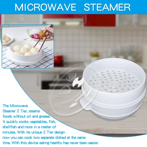 2 Tier Microwave Steamer Double Layer Cooking Meals Kitchen Syd Vegetable au - Picture 4 of 8