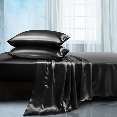 Satin Bed Linen Set - Full, 4Piece, Black, Soft Silky Sheets, Cooling & Luxur...