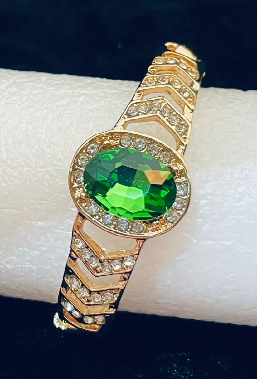 Bangle Bracelet Green Glass Crystal Gold Tone Metal Runway Disco 7