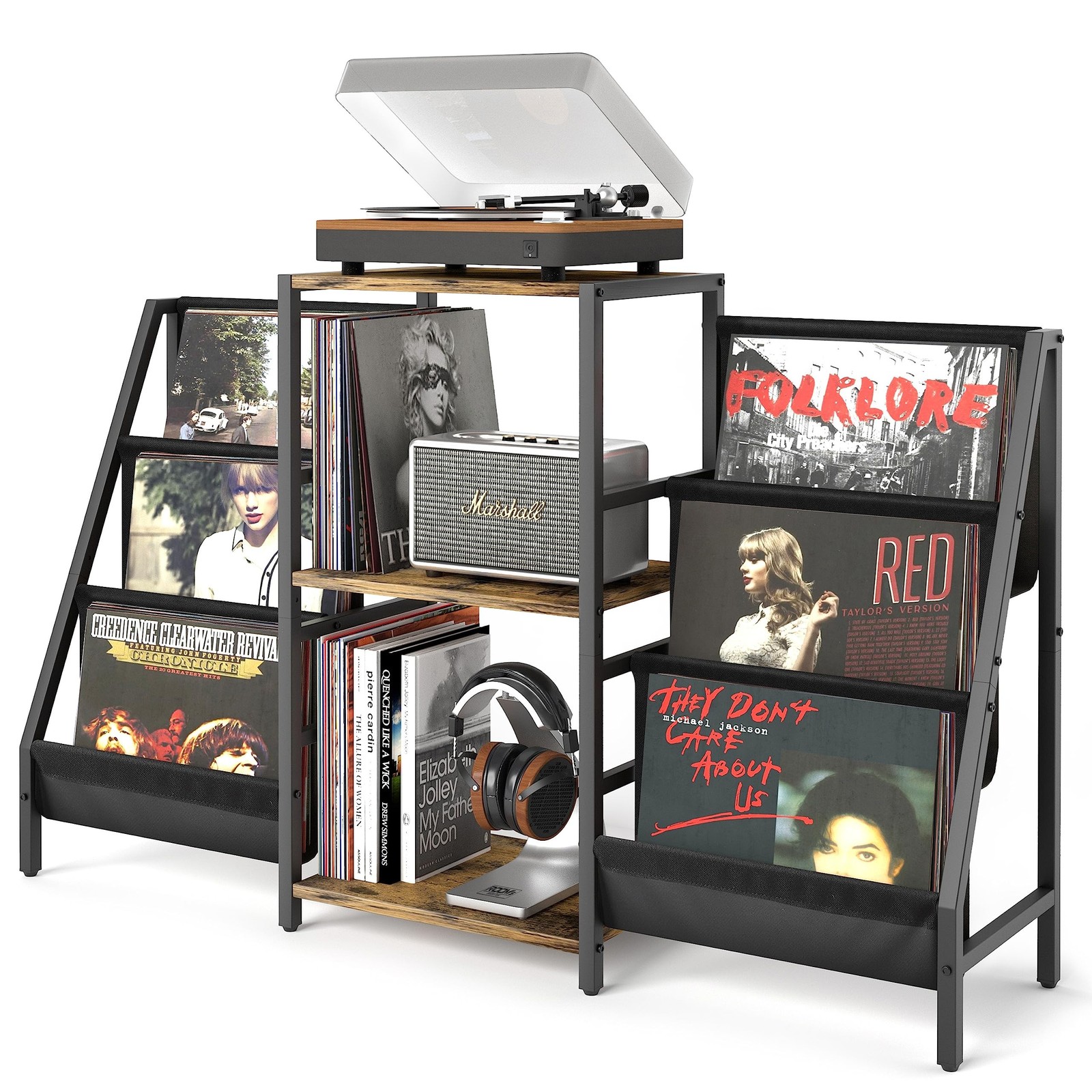 Compact Record Player Stand with Vinyl Storage and Spacious Tabletop