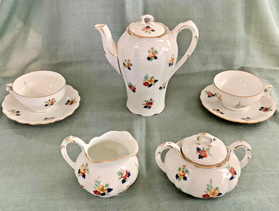 Vintage Ludwigsburg German Demitasse Tea Coffee Set 9pc Scattered Floral Gold