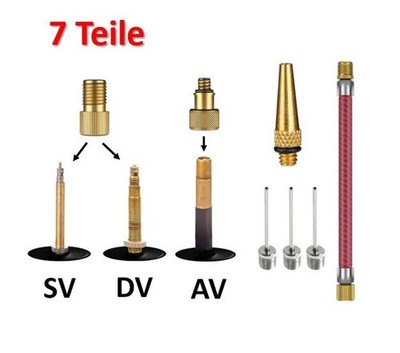Fahrrad Ventil Adapter DV/SV Adapter auf Dunlop AV Autoventil  7er Set mit Nadel