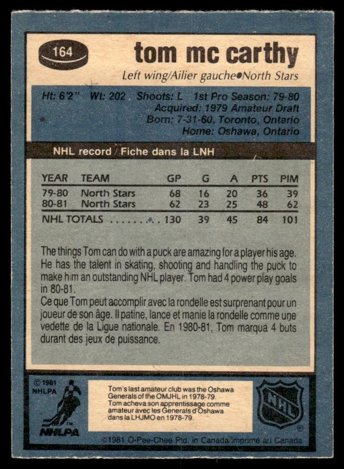 1981-82 O-Pee-Chee Tom McCarthy Minnesota North Stars #164 - Image 2 of 2